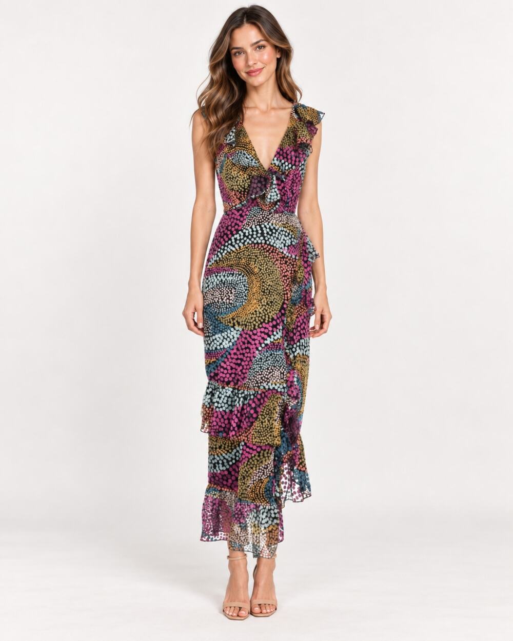 SALONI Maxi Dress 6 Silk Blend Textured Abstract Ruffle V-Neck Pink Green Multi
